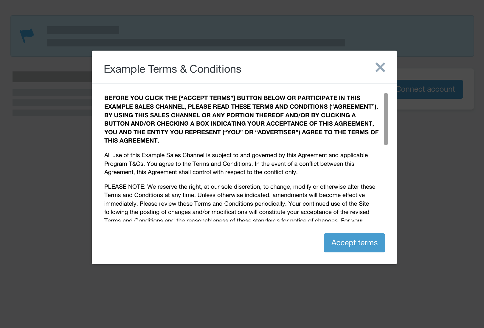 Example of an embedded app Terms and Conditions modal