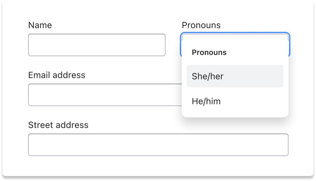 Pronouns form field with multiple options including: “Prefer not to respond”, “She/her”, “He/him”, “They/them”, and “Prefer to specify”.