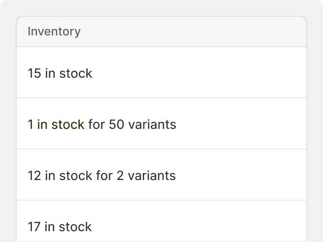 A text label in orange in a table column that indicates that an item is almost out of stock