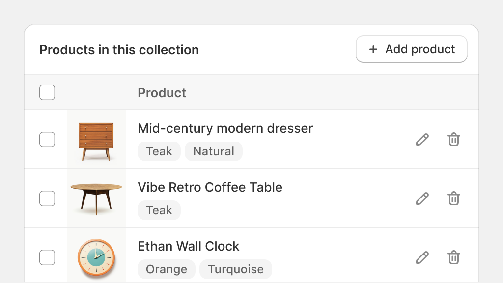 A list of “Edit” and “Delete” transparent icon buttons in a product list