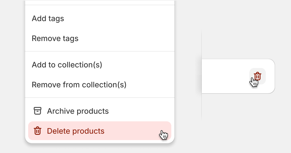 Two icon only delete buttons with one in a hover state with a "Delete item" tooltip displayed.